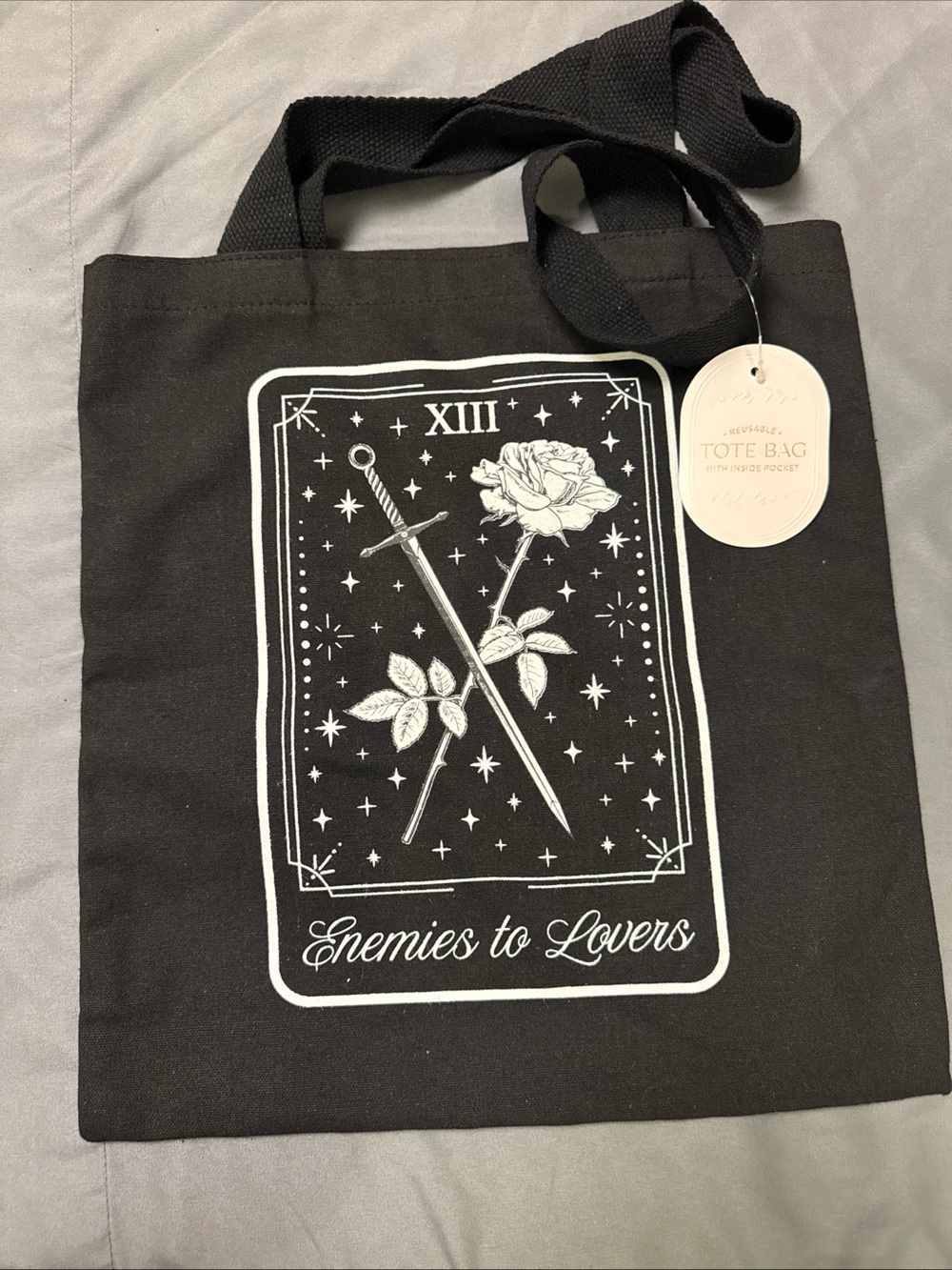 Eccolo Black Tote Bag with White Tarot Rose & Sword Graphic-0021